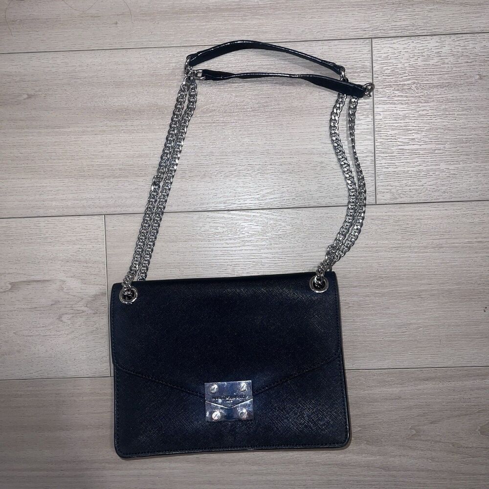 Karl Lagerfeld Paris Purse Black Shoulder Bag Silver Chain Saffiano Leather $825